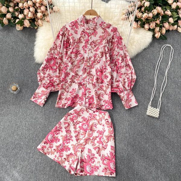 women's tracksuits runway elegant two piece shorts sets flower print stand collar long lantern sleeve blouse shirt + mini woman suit s6, Gray
women's tracksuits runway elegant two piece shorts sets flower print stand collar long lantern sleeve blouse shirt + mini woman suit s6, Gray