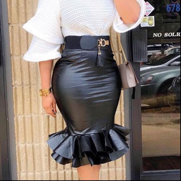 high waist faux leather fishtail women skirts bodycon midi shiny solid color tiered ruffle hem knee length party clubwear, Black
high waist faux leather fishtail women skirts bodycon midi shiny solid color tiered ruffle hem knee length party clubwear, Black