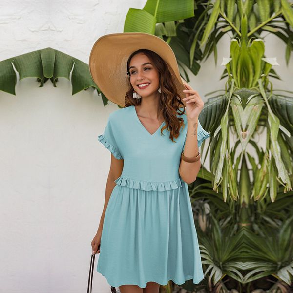 women 2021 new spring summer solid color casual dresses for ladies v neck lace short sleeve oversized pleated dress, Black;gray
women 2021 new spring summer solid color casual dresses for ladies v neck lace short sleeve oversized pleated dress, Black;gray