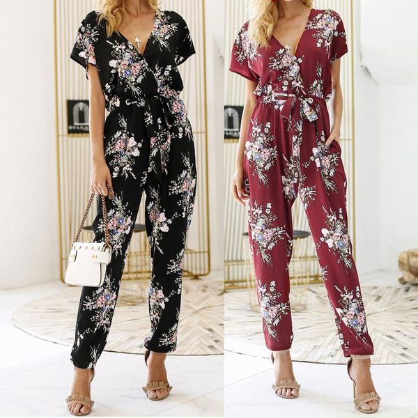 women's jumpsuits & rompers women floral boho workwear soft and comfortable jumpsuit short sleeve casual loose belt playsuit l50/0203, Black;white 
women's jumpsuits & rompers women floral boho workwear soft and comfortable jumpsuit short sleeve casual loose belt playsuit l50/0203, Black;white