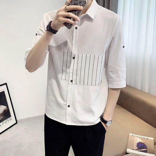 men's casual shirts 2021 summer cotton linen short-sleeved shirt five-point sleeve clothes korean version handsome striped streetwear, White;black
men's casual shirts 2021 summer cotton linen short-sleeved shirt five-point sleeve clothes korean version handsome striped streetwear, White;black