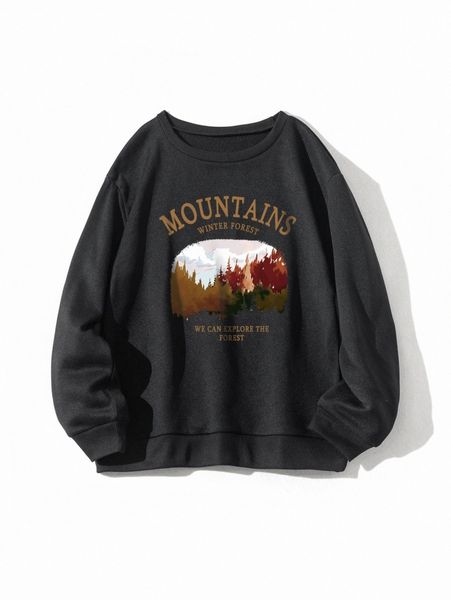 tree & slogan graphic thermal lined sweatshirt c31w#, White;black