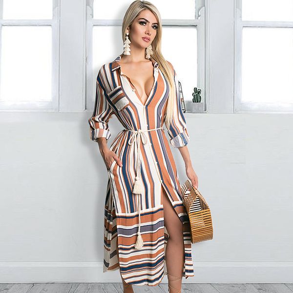 charming dresses 2021 women's color stripe stitching long sleeve with tie waist shirt skirt, Black;gray
charming dresses 2021 women's color stripe stitching long sleeve with tie waist shirt skirt, Black;gray