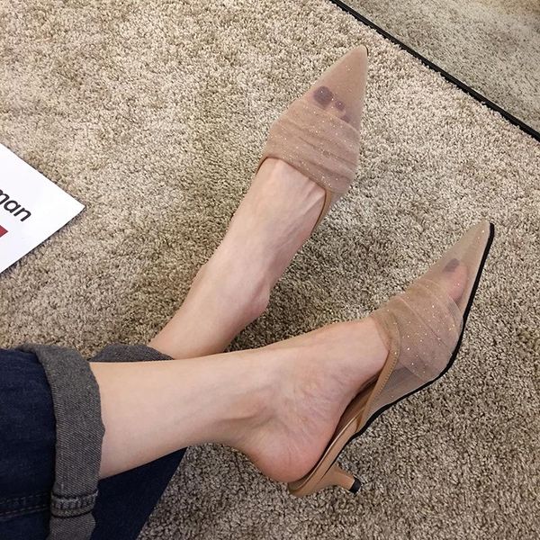 slippers women's shoes pointed toe 2021 spring fashion fine heel mesh shiny mules, Black
slippers women's shoes pointed toe 2021 spring fashion fine heel mesh shiny mules, Black