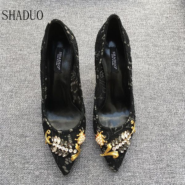shaduo genuine leather stitching lace single shoes rhinestone insects with high heels 6.5cm dress, Black
shaduo genuine leather stitching lace single shoes rhinestone insects with high heels 6.5cm dress, Black