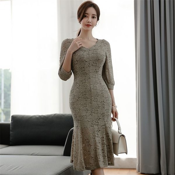 early autumn women's intellectual temperament v-neck three-quarter sleeves waist slimming ruffled fishtail lace dress 210416, Black;gray
early autumn women's intellectual temperament v-neck three-quarter sleeves waist slimming ruffled fishtail lace dress 210416, Black;gray