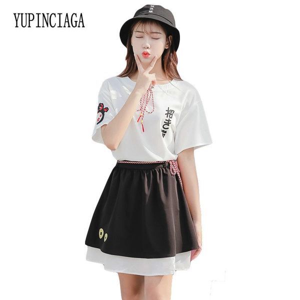 two piece dress yupinciaga japanese mori women's 2 set cotton t shirt and mini skirt elastic waist lace up cat cartoon embroidery, White
two piece dress yupinciaga japanese mori women's 2 set cotton t shirt and mini skirt elastic waist lace up cat cartoon embroidery, White