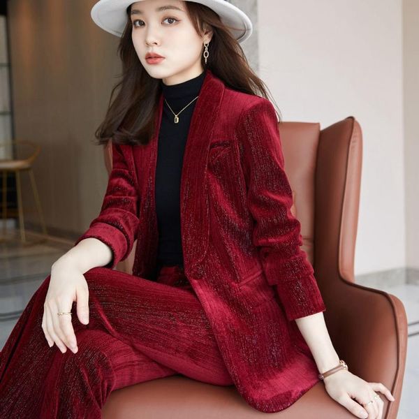 women's two piece pants korean autumn and winter velvet business wear jacket wine red golden suit two-piece, White
women's two piece pants korean autumn and winter velvet business wear jacket wine red golden suit two-piece, White