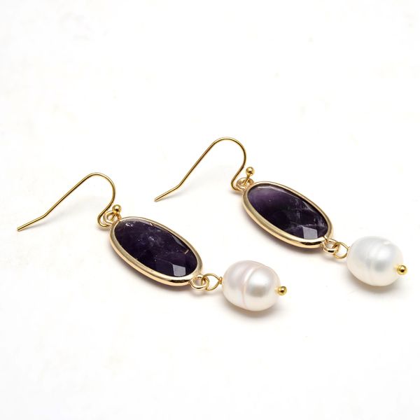 guaiguai jewelry natural cultured white rice pearl bezel set purple amethyst gold color plated hook earrings cute for women, Silver
guaiguai jewelry natural cultured white rice pearl bezel set purple amethyst gold color plated hook earrings cute for women, Silver