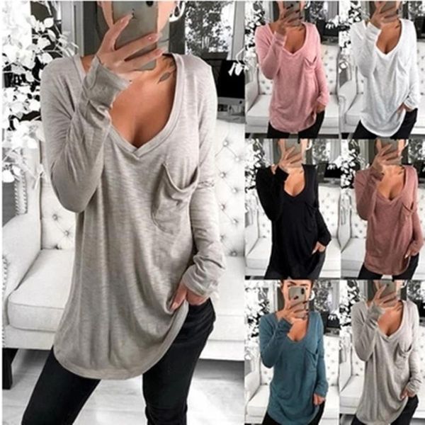 women's t-shirt t shirt women 2021 fashion solid color deep v long sleeve front pocket loose tunic female clothing, White
women's t-shirt t shirt women 2021 fashion solid color deep v long sleeve front pocket loose tunic female clothing, White