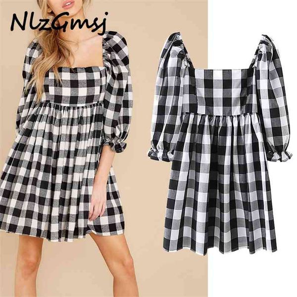 dres black and white plaid puff sleeve chic square collar half summer elegant short vestido 210628, Black;gray
dres black and white plaid puff sleeve chic square collar half summer elegant short vestido 210628, Black;gray