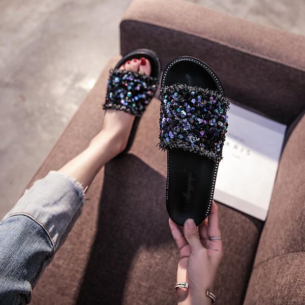 net red slippers women's summer fashion sequins wear thick bottom sandals non-slip all-match, Black
net red slippers women's summer fashion sequins wear thick bottom sandals non-slip all-match, Black