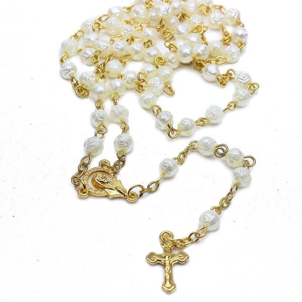 pendant necklaces gold color rose rosary necklace flower cross beads women religious catholic christian prayer jewelry, Silver 
pendant necklaces gold color rose rosary necklace flower cross beads women religious catholic christian prayer jewelry, Silver