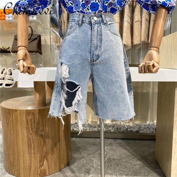 women's jeans retro light color hole denim pants for women thin loose wide leg shorts female versatile high waist slimming cropped, Blue
women's jeans retro light color hole denim pants for women thin loose wide leg shorts female versatile high waist slimming cropped, Blue