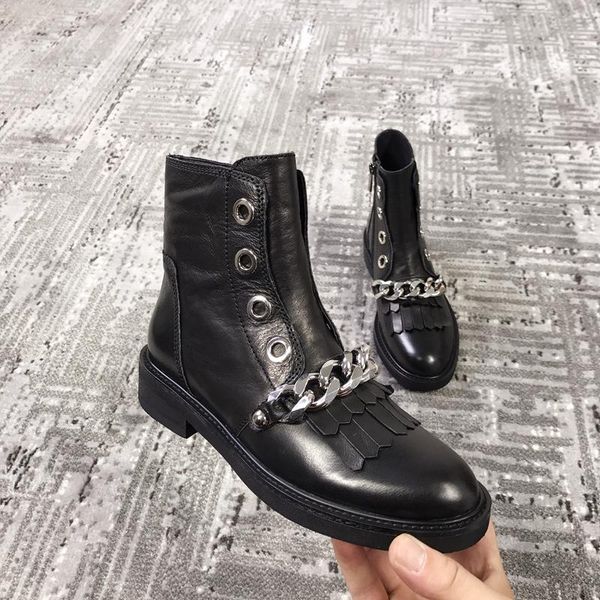 boots chain decor fringe genuine leather mujer metal ankle for women runway design tassel flat heel, Black
boots chain decor fringe genuine leather mujer metal ankle for women runway design tassel flat heel, Black
