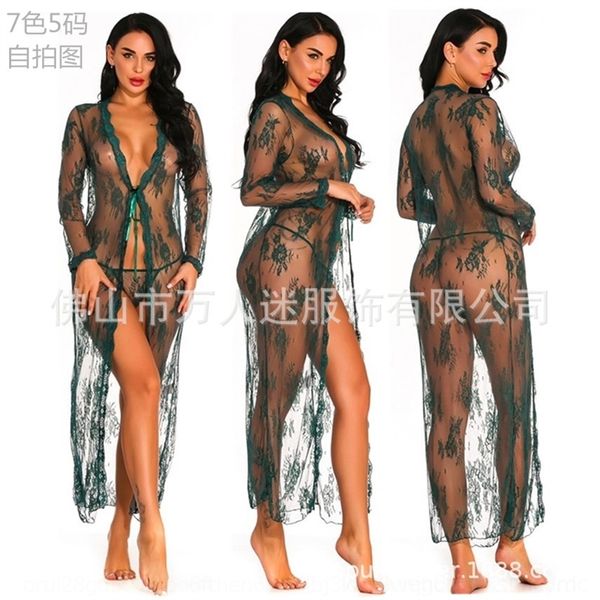 yvtm lingerie nightdress one-piece cardigan long women's underwear nightgown perspective lace robe lingerie nightdress women's on, Red;black
