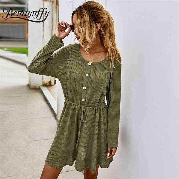 casual button front ruffle hem women's dresses autumn winter o-neck long sleeve woman drawstring waist mini dress 210510, Black;gray
casual button front ruffle hem women's dresses autumn winter o-neck long sleeve woman drawstring waist mini dress 210510, Black;gray