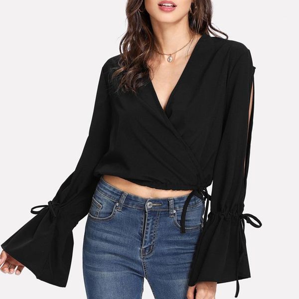 women's blouses & shirts black solid long sleeve women blouse shirt fashion lace up cross v short crop elegant ladies, White
women's blouses & shirts black solid long sleeve women blouse shirt fashion lace up cross v short crop elegant ladies, White