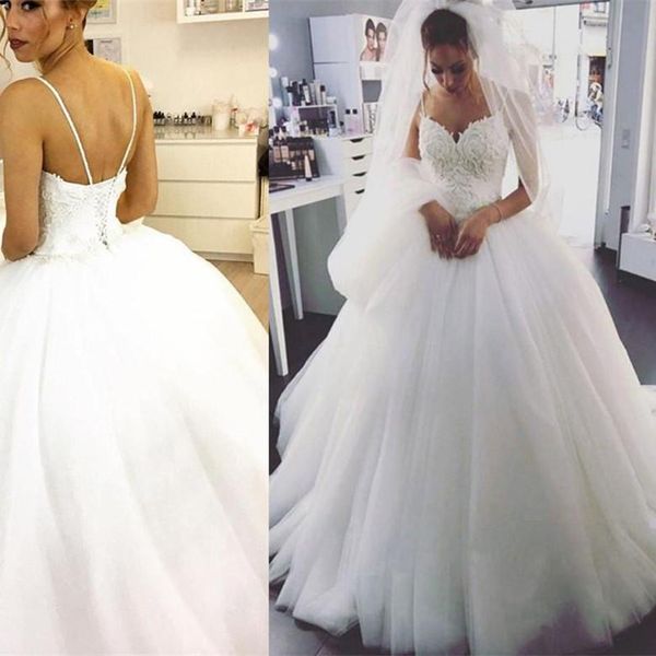 gorgeous lace applique ball gown wedding dresses spaghetti straps corset back tulle sweep train custom made plus size vestidos de novia, White
gorgeous lace applique ball gown wedding dresses spaghetti straps corset back tulle sweep train custom made plus size vestidos de novia, White