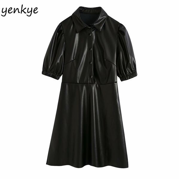 fashion women pu leather mini dress turn-down collar puff sleeve a-line vintage solid color autumn short vestido 210514, Black;gray
fashion women pu leather mini dress turn-down collar puff sleeve a-line vintage solid color autumn short vestido 210514, Black;gray