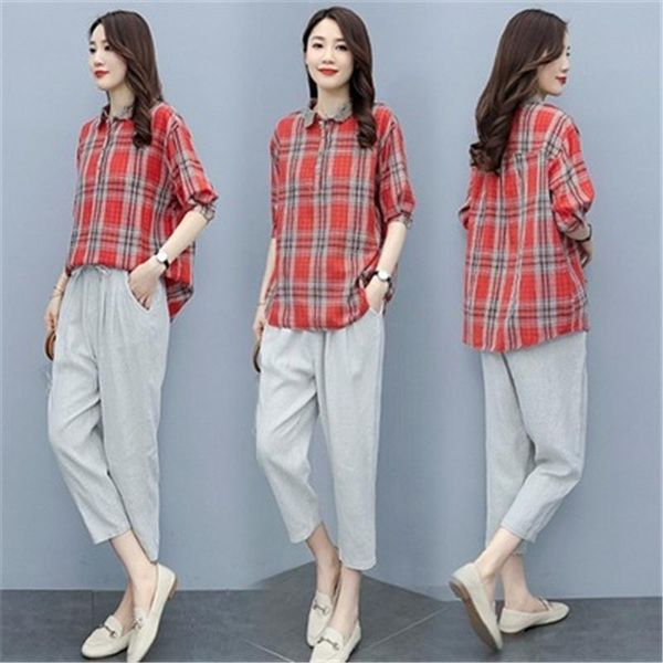 women's two piece pants 2021 summer fashion plaid short-sleeved shirt + casual harem cotton and linen two-piece suit female trend h043, White
women's two piece pants 2021 summer fashion plaid short-sleeved shirt + casual harem cotton and linen two-piece suit female trend h043, White