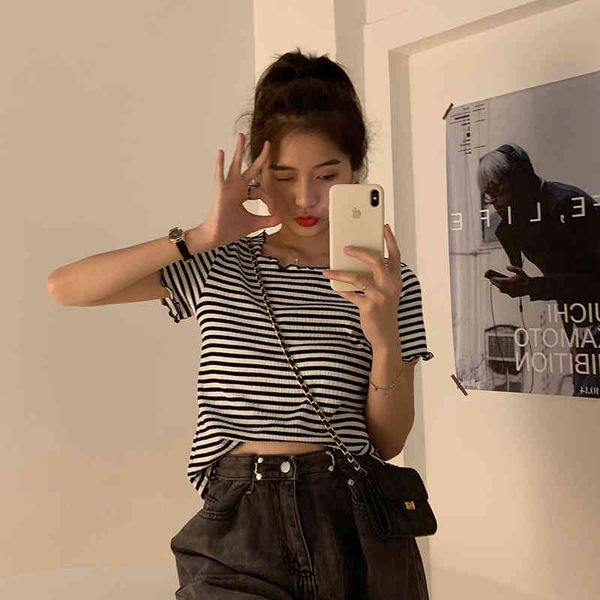 short design summer elastic slim striped all match short sleeve women vintage women tees 210522, White
short design summer elastic slim striped all match short sleeve women vintage women tees 210522, White