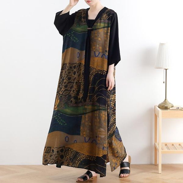 vintage printed chiffon silk long dress v neck half sleeve loose waist women summer casual dresses retro style plus size, Black;gray
vintage printed chiffon silk long dress v neck half sleeve loose waist women summer casual dresses retro style plus size, Black;gray