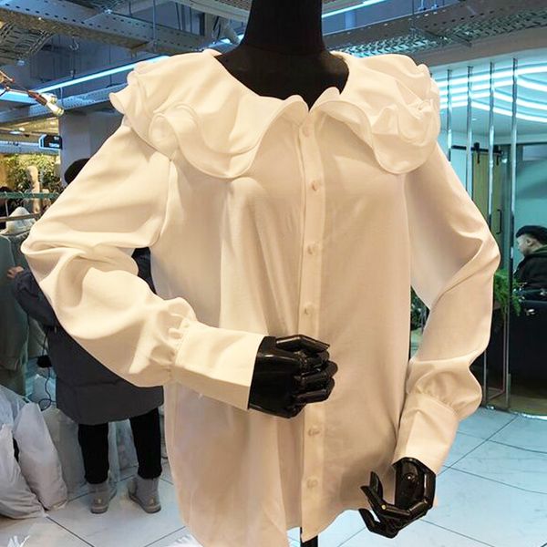spring new sweet peter pan collar ruffles patchwork white full shirt women's 210421
spring new sweet peter pan collar ruffles patchwork white full shirt women's 210421