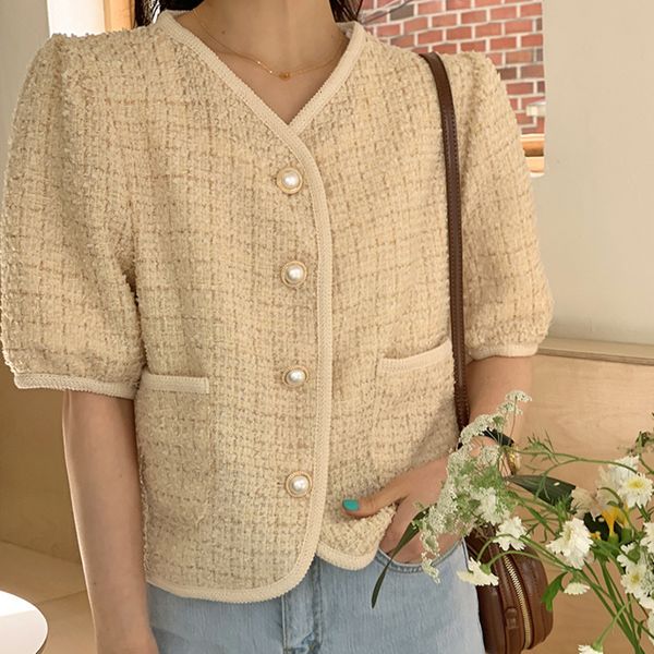 women's coat summer with neckline v pearl buttons double pockets short sleeve tweed jacket harvest korean sweet wool outwear, Black;brown
women's coat summer with neckline v pearl buttons double pockets short sleeve tweed jacket harvest korean sweet wool outwear, Black;brown