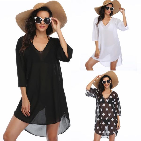 style blouse european and american mesh printing long women's beach spot swimwear, White;black
style blouse european and american mesh printing long women's beach spot swimwear, White;black