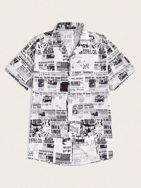 men newspaper print revere collar shirt w1ec#, White;black
men newspaper print revere collar shirt w1ec#, White;black