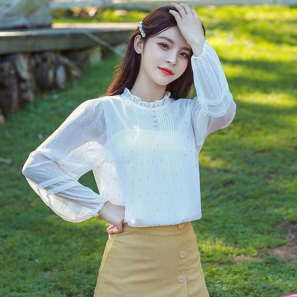 women's blouses & shirts wooden ears, beaded design, folds, dark lines, autumn chiffon shirt, long sleeves, thin shirt, White
women's blouses & shirts wooden ears, beaded design, folds, dark lines, autumn chiffon shirt, long sleeves, thin shirt, White