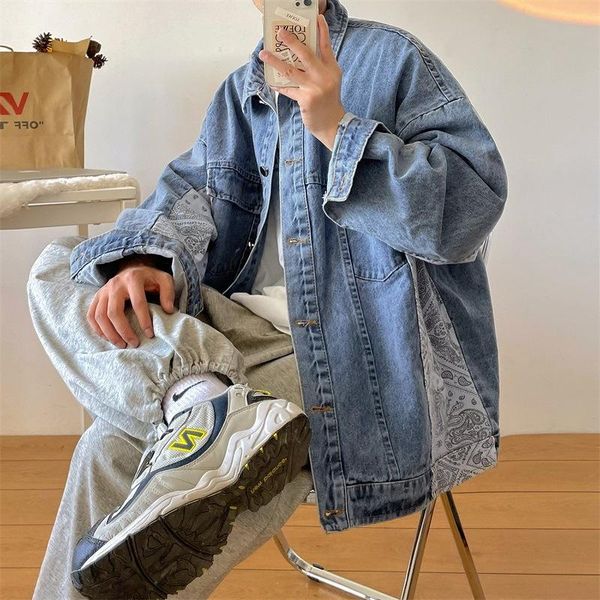 men's casual shirts hiphop high street color blocked cashew blossom denim jacket spring and autumn tide vintage baseball, White;black
men's casual shirts hiphop high street color blocked cashew blossom denim jacket spring and autumn tide vintage baseball, White;black