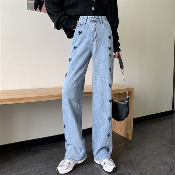 ytx107 korean design sense loose niche feel thin straight love printed female jeans, Blue
ytx107 korean design sense loose niche feel thin straight love printed female jeans, Blue