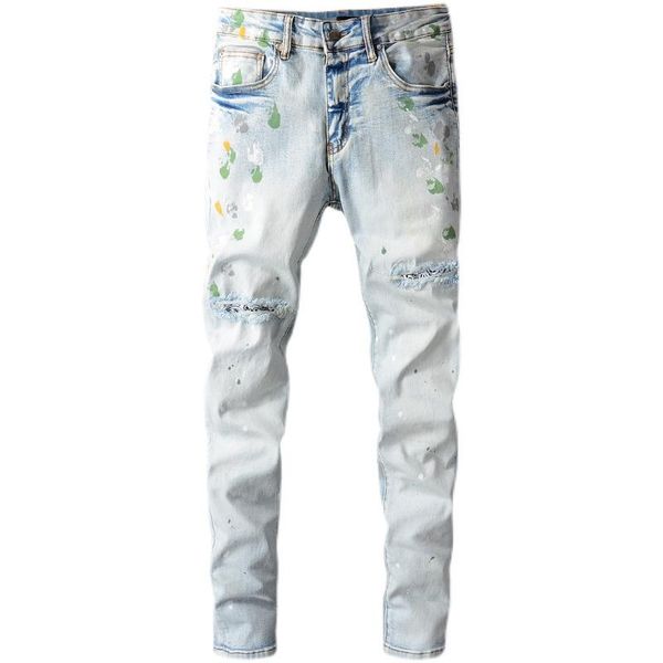 men's jeans high street light color knife cut hole male paint graffiti trousers personality stretch slim denim pants 685, Blue
men's jeans high street light color knife cut hole male paint graffiti trousers personality stretch slim denim pants 685, Blue
