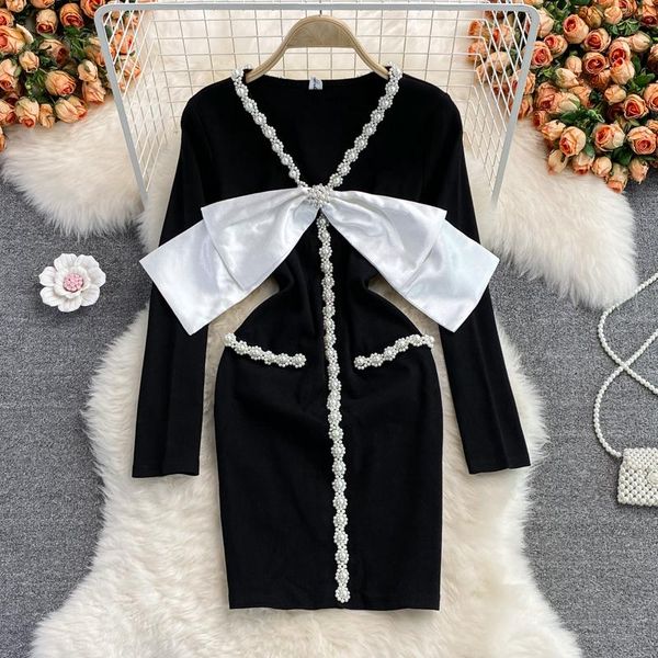 casual dresses autumn and winter black party dress luxury pearl v-neck bow tight-fitting long sleeved bodycon vestidos, Black;gray
casual dresses autumn and winter black party dress luxury pearl v-neck bow tight-fitting long sleeved bodycon vestidos, Black;gray