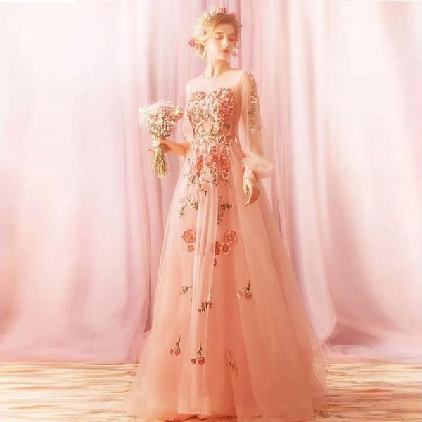 party dresses dreamy pink tulle flowers prom dress with long sleeves embroidery applique evening o-neck floral lace-up, White;black
party dresses dreamy pink tulle flowers prom dress with long sleeves embroidery applique evening o-neck floral lace-up, White;black