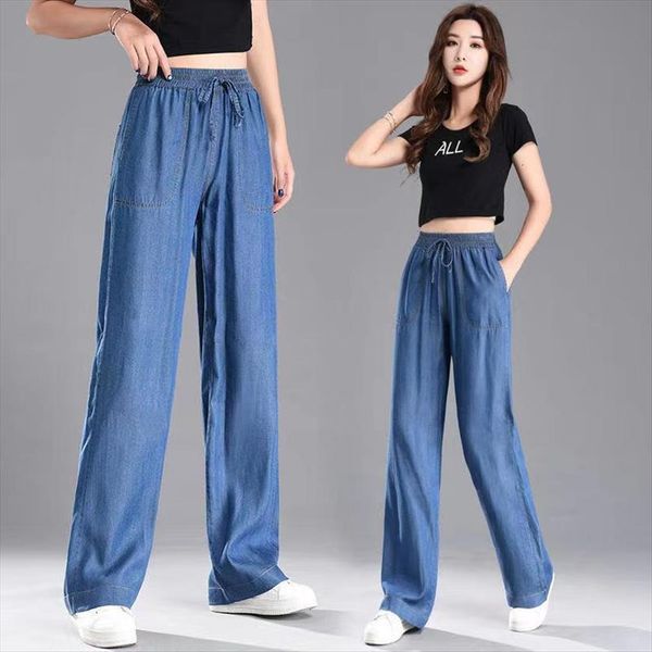 summer thin denim womens jeans wide leg pants elastic waist plus size casual ice silk straight drape trousers, Blue
summer thin denim womens jeans wide leg pants elastic waist plus size casual ice silk straight drape trousers, Blue