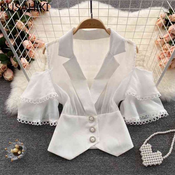 strapless flare sleeve women blouse slim waist short korean shirts notched collar elegant 6j736 210603, White
strapless flare sleeve women blouse slim waist short korean shirts notched collar elegant 6j736 210603, White