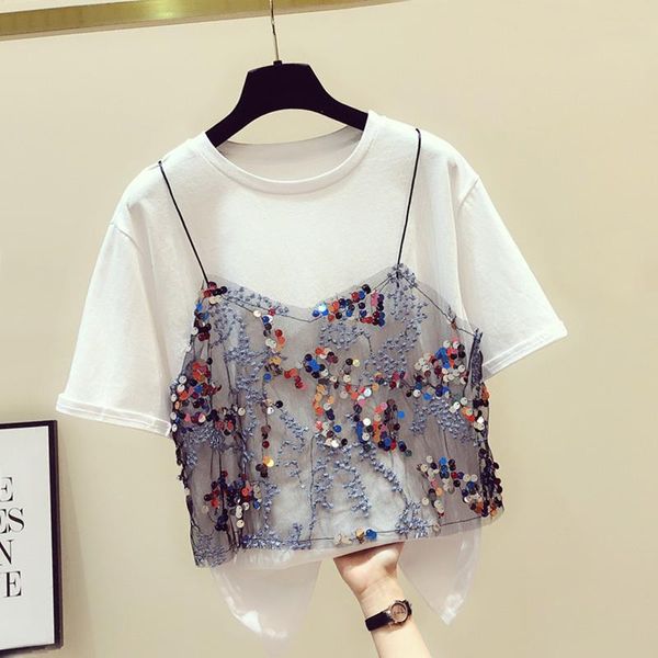 summer white short sleeve o-neck women fake two pieces fashion patchwork sequined t shirt casual loose t-shirts women's t-shirt
summer white short sleeve o-neck women fake two pieces fashion patchwork sequined t shirt casual loose t-shirts women's t-shirt