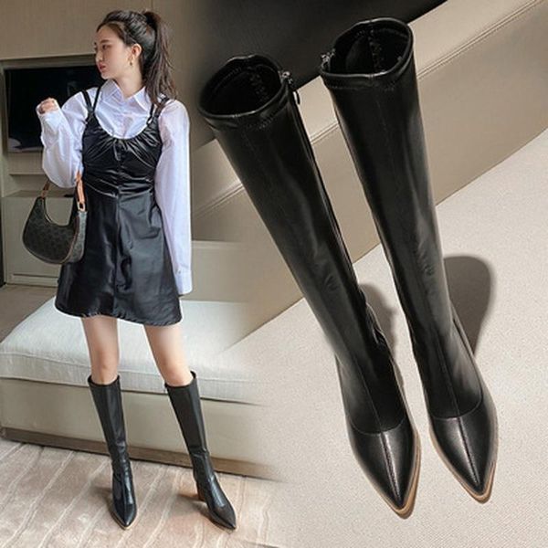 boots 2021women's leather fashion high heel shoes ladies knee side zipper pointed toe female snow, Black 
boots 2021women's leather fashion high heel shoes ladies knee side zipper pointed toe female snow, Black