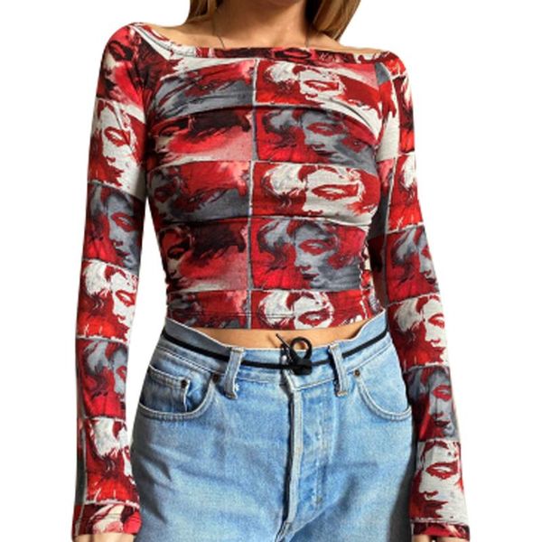 women's t-shirt women face printed long sleeve square neck pixel pattern crop clothing, White
women's t-shirt women face printed long sleeve square neck pixel pattern crop clothing, White