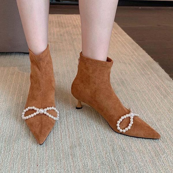 boots fashion flock women ankle booties pointed toe short party bow pearl design back zipper black brown orange soft soles
boots fashion flock women ankle booties pointed toe short party bow pearl design back zipper black brown orange soft soles