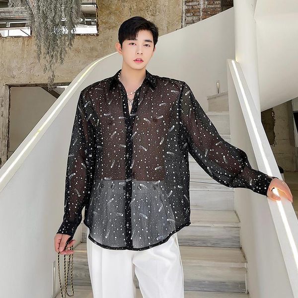 men's casual shirts thin transparent shirt fashion black white men korean loose oversize long-sleeved mens dress, White;black
men's casual shirts thin transparent shirt fashion black white men korean loose oversize long-sleeved mens dress, White;black
