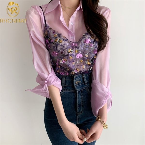 retro women sets vintage chiffon shirt + sequins condole belt suits female summer white 2piece set matching clothing 210506
retro women sets vintage chiffon shirt + sequins condole belt suits female summer white 2piece set matching clothing 210506