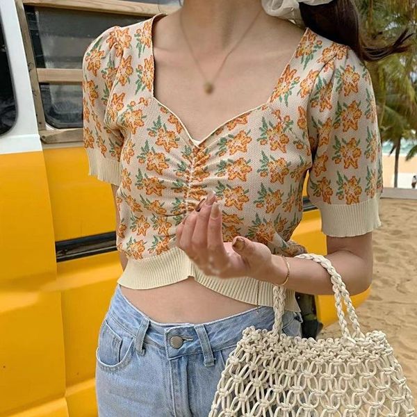 women's t-shirt summer fashion floral square collar sweet short sleeves navel exposed knitted t shirt, White
women's t-shirt summer fashion floral square collar sweet short sleeves navel exposed knitted t shirt, White