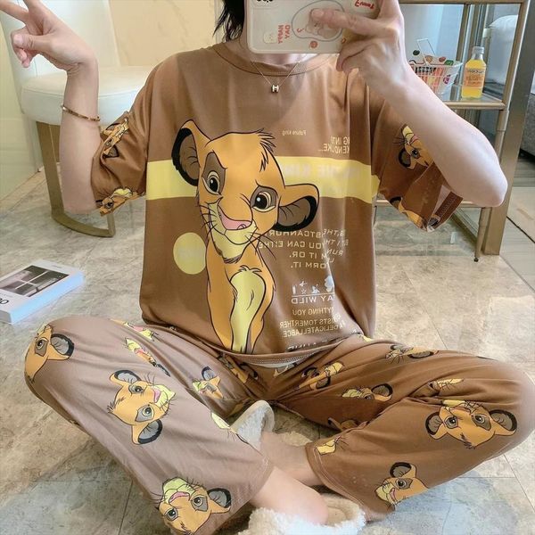 two pieces set simba pyjamas womens sleepwears short sleeve t shirt and trousers pijama sleepwear cartoon print pajama nightwear, Black;red
two pieces set simba pyjamas womens sleepwears short sleeve t shirt and trousers pijama sleepwear cartoon print pajama nightwear, Black;red