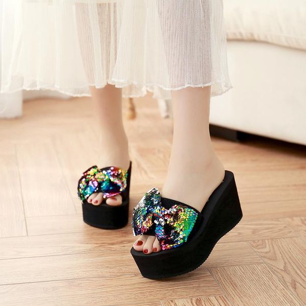 slippers glitter paillette bow-knot elevated women open toe platform slides mixed colors bling anti-skid creepers flip flops2021, Black
slippers glitter paillette bow-knot elevated women open toe platform slides mixed colors bling anti-skid creepers flip flops2021, Black