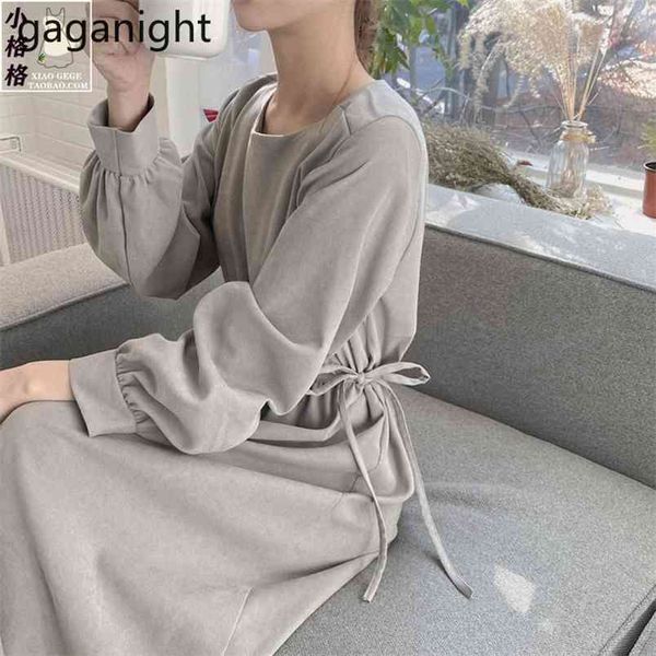 long sleeve solid spring women dress fashion lace up high waist midi elegant dresses o neck slim vestidos 210601, Black;gray
long sleeve solid spring women dress fashion lace up high waist midi elegant dresses o neck slim vestidos 210601, Black;gray