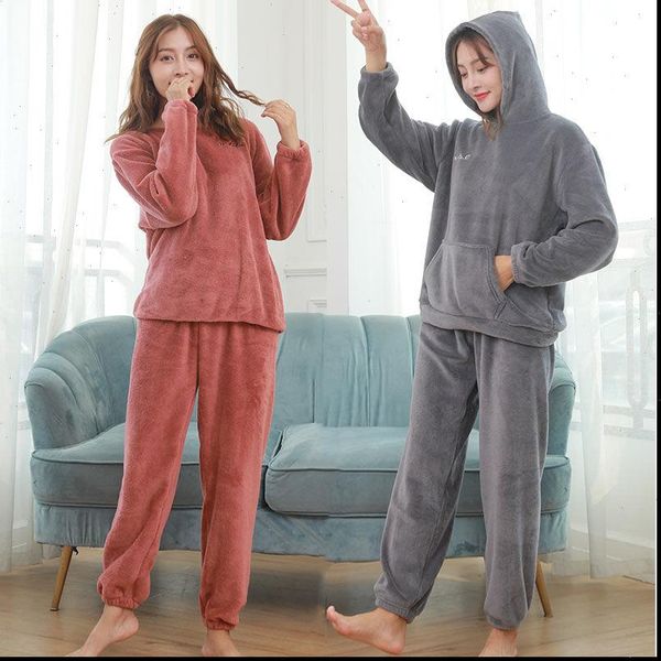 hooded pajamas set flannel women sleepwear solid color pajama long hoody pant warm casual big, Black;red
hooded pajamas set flannel women sleepwear solid color pajama long hoody pant warm casual big, Black;red